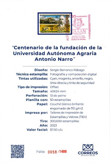 Imagen de Timbre postal: Centenario de la Fundación de la Universidad Autónoma Agraria Antonio Narro