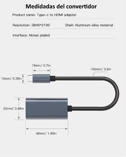 Imagen de Cable adaptador convertidor tipo C macho a HDMI 4K hembra 