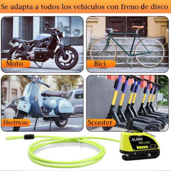Imagen de  Candado recargable motocicleta alarma de disco freno antirrobo bicicleta tipo c amarillo seguridad