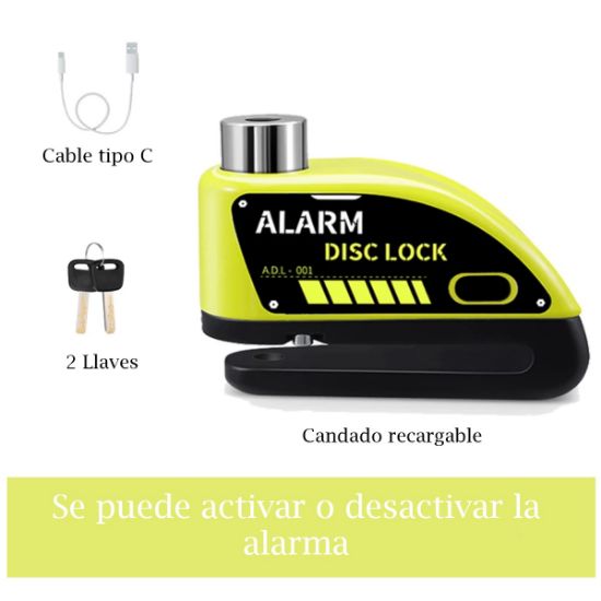 Imagen de  Candado recargable motocicleta alarma de disco freno antirrobo bicicleta tipo c amarillo seguridad