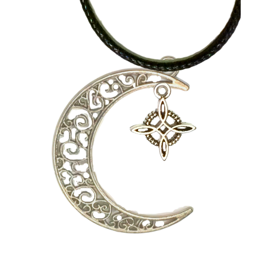 Imagen de 1 Dije Nudo de Bruja M2Cz 15x15mm CURADO y Para USO RUDO en Luna Color Plata 41X31cmm Collar 45+5cm Largo