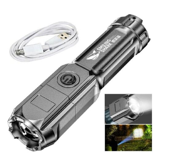 Imagen de Linterna portátil luz fuerte lampara táctica recargable Zoom iluminación exterior LED negro usb