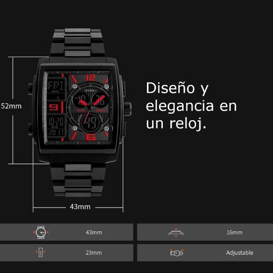 Imagen de Reloj cuarzo japonés doble pantalla negro alarma militar 3 tiempos deportivo contra agua metálico