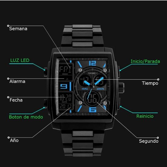 Imagen de Reloj cuarzo japonés doble pantalla negro alarma militar 3 tiempos deportivo contra agua metálico