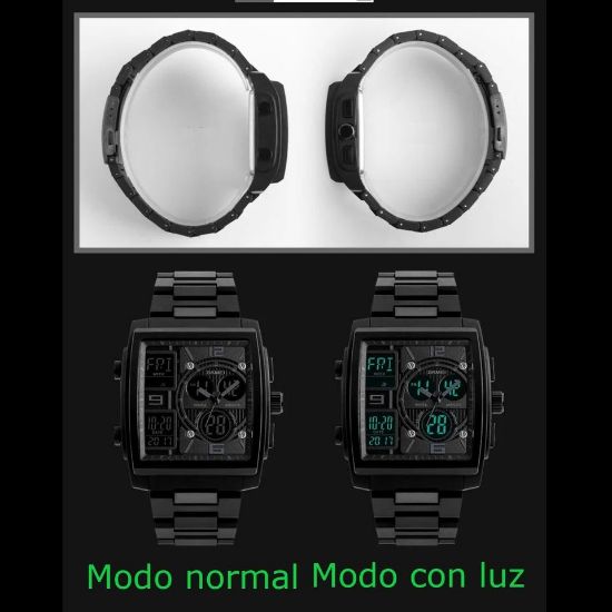 Imagen de Reloj cuarzo japonés doble pantalla negro alarma militar 3 tiempos deportivo contra agua metálico