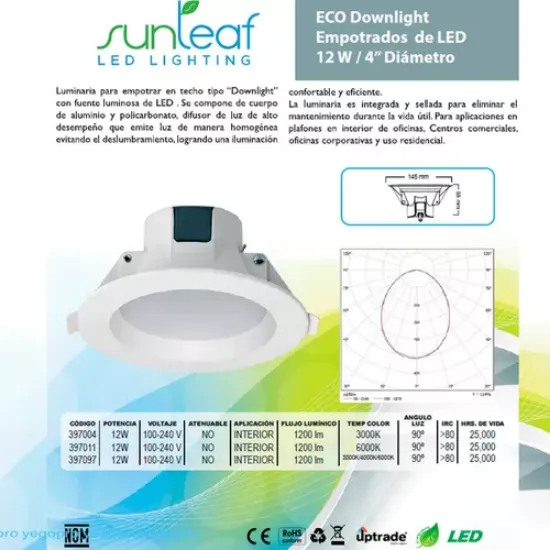 Imagen de Sunleaf Lampara Led Empotrable Techo Eco Downlight 12w 4 Pul