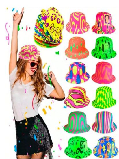 Imagen de 20 Sombreros Gorros Bombin Neon Brillan en Luz Uv Fiesta Batucada Antro Bar Festival Carnaval Fiesta Fluorescente Glow Gorra Evento Boda Cumpleaños