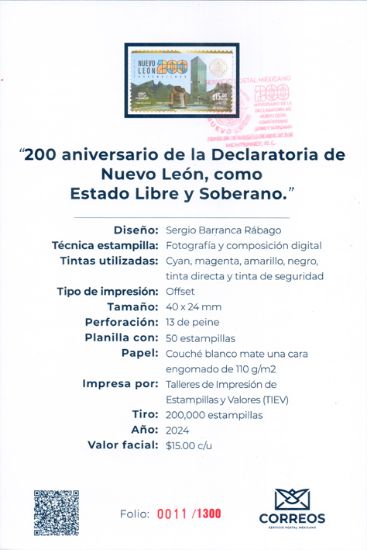 Imagen de Timbre postal: 200 Aniversario de la Declaratoria de Nuevo León, como Estado libre y soberano