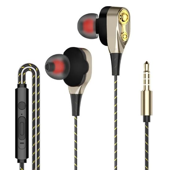 Imagen de Auriculares de doble bobina amarillo móvil con sonido impactante 3.5mm teléfonos Tablet cable audi