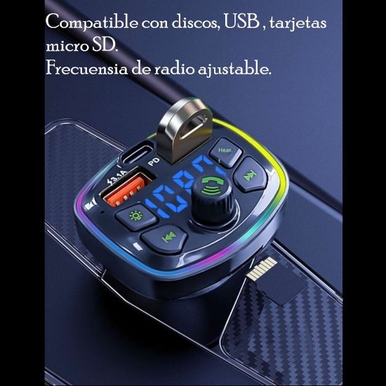 Imagen de Transmisor Receptor Para Adaptador Bluetooth Auto Estéreo USB volumen música rgb luz led cargador