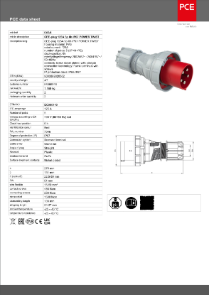 Imagen de PCE CEE, Clavija Conector, de 125A, 5P, 6H, Ip67, Power Twist, Modelo 045-6