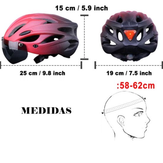 Imagen de Casco bicicleta luz rojo negro LED trasera adulto accesorio ligero y transpirable seguridad gafas