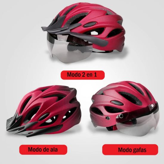 Imagen de Casco bicicleta luz rojo negro LED trasera adulto accesorio ligero y transpirable seguridad gafas