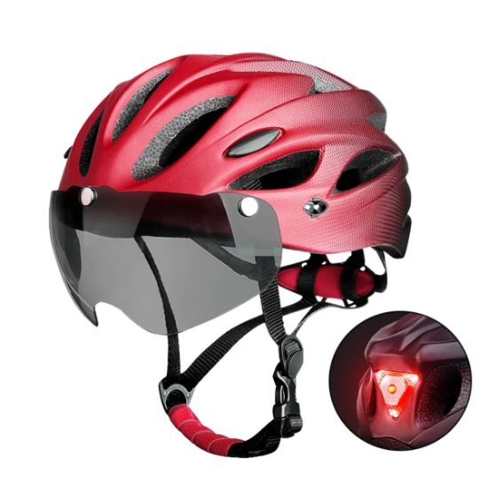 Imagen de Casco bicicleta luz rojo negro LED trasera adulto accesorio ligero y transpirable seguridad gafas