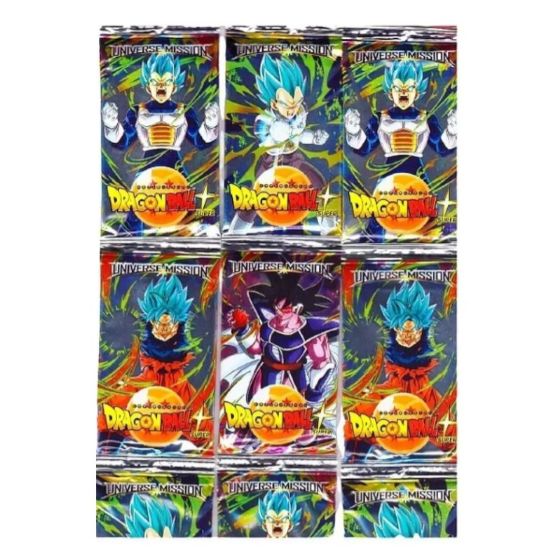 Imagen de 50 sobres de Tarjetas y tazos de batalla DragonBall Super 50 sobres con 5 tarjetas tipo holográficas y 2 tipo tazos cada sobre