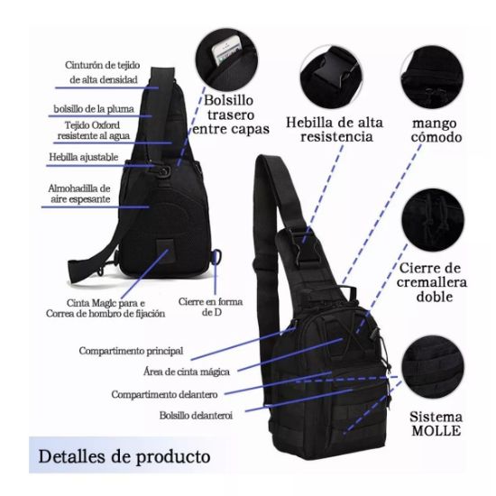 Imagen de Mochila táctica versátil pecho bolsa transporte senderismo caza deportes cartera moto autos negro
