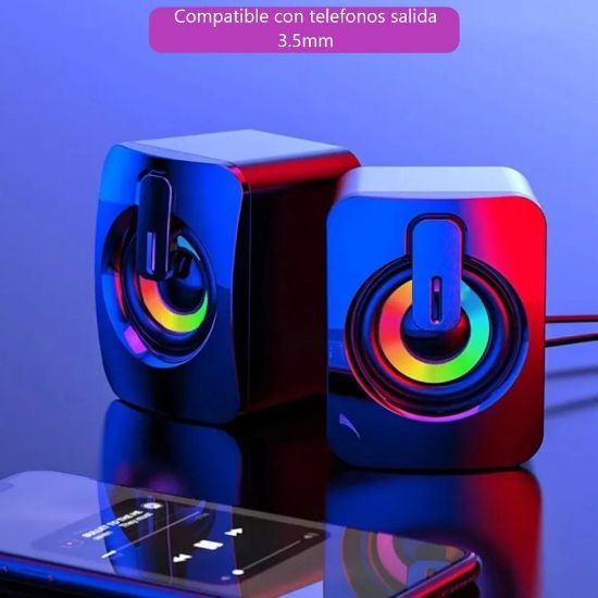 Imagen de Bocinas mini altavoz portátil USB audio PC lap teléfono luces RGB volumen 3,5mm estéreo HiFi LED