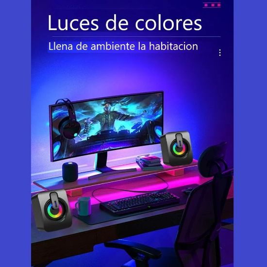 Imagen de Bocinas mini altavoz portátil USB audio PC lap teléfono luces RGB volumen 3,5mm estéreo HiFi LED