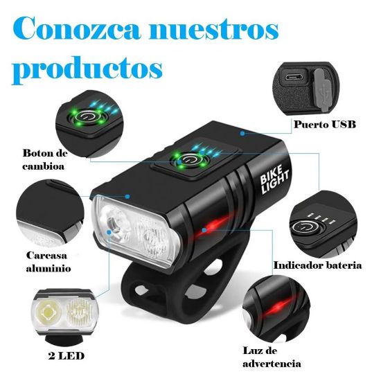 Imagen de Luz bicicleta USB recargable luces LED bicicleta 6 modos linterna faro lámpara delantera