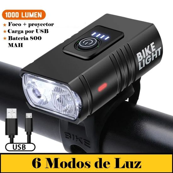 Imagen de Luz bicicleta USB recargable luces LED bicicleta 6 modos linterna faro lámpara delantera