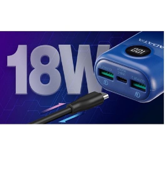 Imagen de BATERIA DE RESPALDO POWER BANK ADATA P10000QCD 10000MAH 2 USB A 1 USB C INDICADOR DE CARGA AZUL