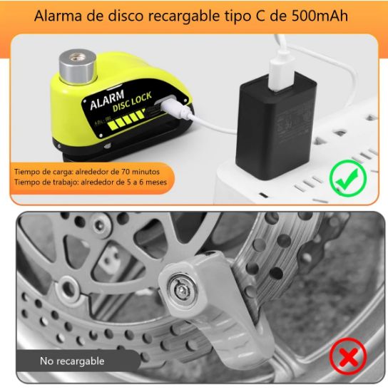 Imagen de  Candado recargable motocicleta alarma de disco freno antirrobo bicicleta tipo c amarillo seguridad