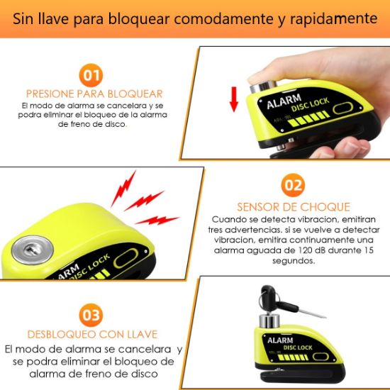 Imagen de  Candado recargable motocicleta alarma de disco freno antirrobo bicicleta tipo c amarillo seguridad