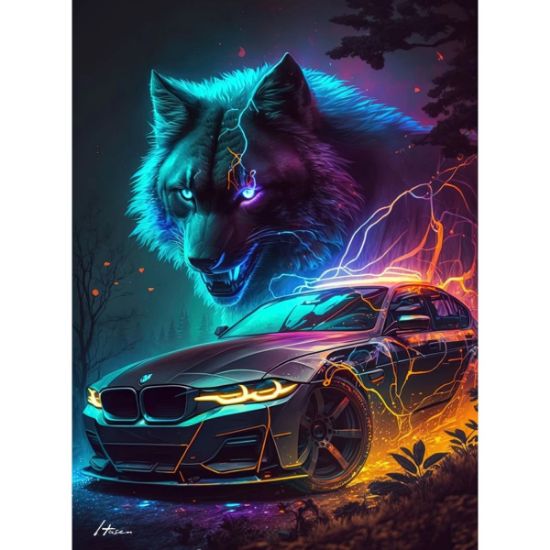 Imagen de Póster coche Animal Cyberpunk neón estética Lobo pintura lienzo arte pared decoración habitación