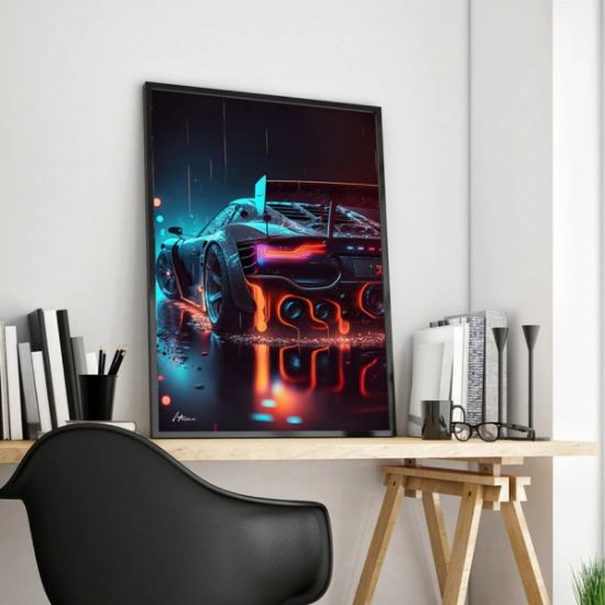 Imagen de Póster coche Animal Cyberpunk neón estética Lobo pintura lienzo arte pared decoración habitación