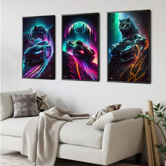 Imagen de Póster coche Animal Cyberpunk neón estética Lobo pintura lienzo arte pared decoración habitación