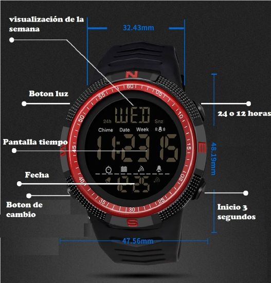 Imagen de Reloj deportivo militar rojo pulsera digital prueba golpes cuenta atrás resistente agua táctico