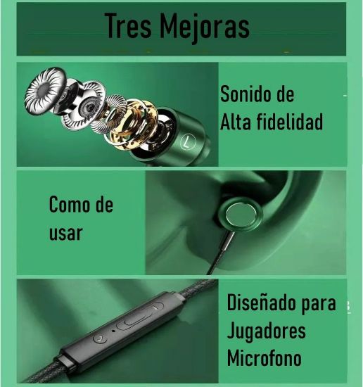 Imagen de Audífonos manos libres magnéticos cable L juego Metal verde HiFi 3.5mm teléfono PC micrófono