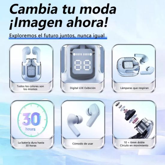 Imagen de Audífonos auriculares inalámbricos azul Bluetooth micrófono LED pantalla pantalla sonido estéreo