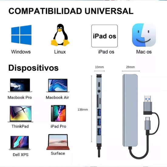 Imagen de Concentrador hub cel puertos USB tipo C estación acoplamiento aluminio multi puerto Mac memoria
