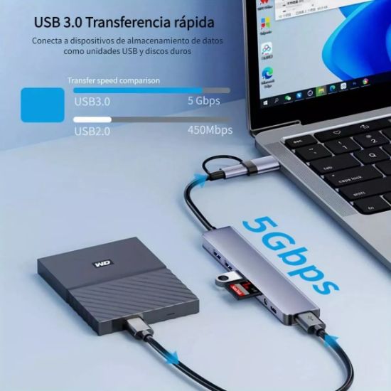 Imagen de Concentrador hub cel puertos USB tipo C estación acoplamiento aluminio multi puerto Mac memoria