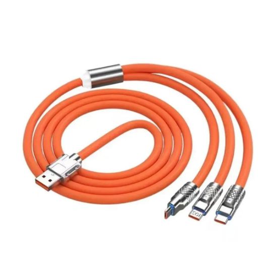 Imagen de Cable naranja Micro USB tipo C carga rápida 3 en 1 120W 6A iPhone teléfono metálico gel LED silicon
