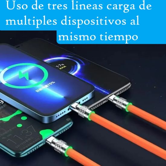Imagen de Cable naranja Micro USB tipo C carga rápida 3 en 1 120W 6A iPhone teléfono metálico gel LED silicon