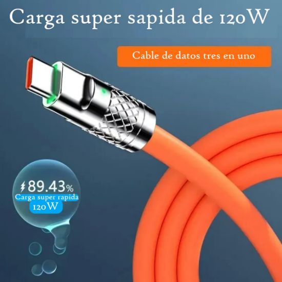Imagen de Cable naranja Micro USB tipo C carga rápida 3 en 1 120W 6A iPhone teléfono metálico gel LED silicon