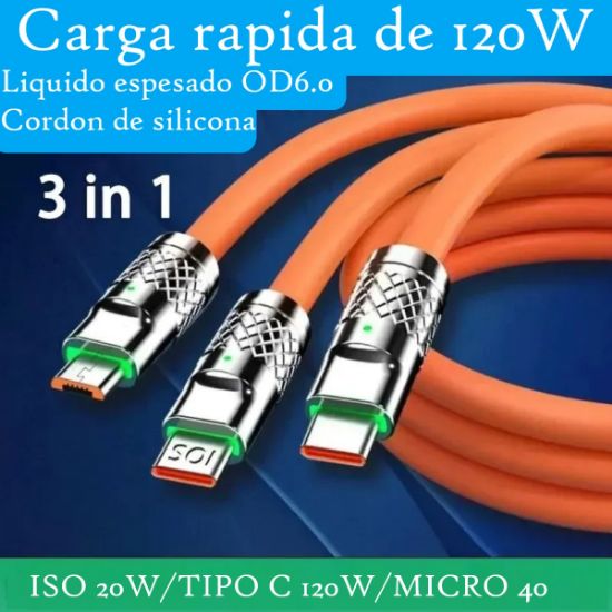 Imagen de Cable naranja Micro USB tipo C carga rápida 3 en 1 120W 6A iPhone teléfono metálico gel LED silicon