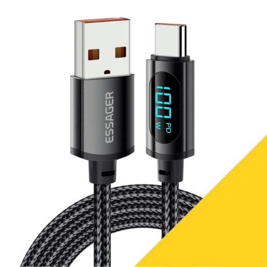 Imagen de Cable USB tipo C pantalla LED negro tela uso rudo Huawei Honor Xiaomi Samsung Súper carga datos 1.2m