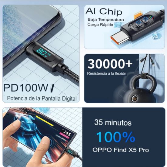 Imagen de Cable USB tipo C pantalla LED negro tela uso rudo Huawei Honor Xiaomi Samsung Súper carga datos 1.2m