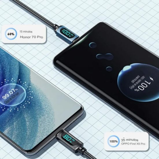 Imagen de Cable USB tipo C pantalla LED negro tela uso rudo Huawei Honor Xiaomi Samsung Súper carga datos 1.2m