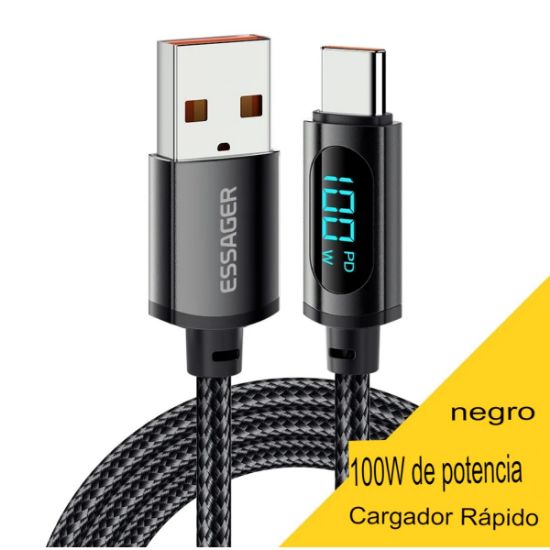 Imagen de Cable USB tipo C pantalla LED negro tela uso rudo Huawei Honor Xiaomi Samsung Súper carga datos 1.2m