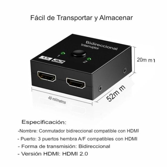 Imagen de Divisor Interruptor bidireccional HDMI 2,0 4K 1x2 2x1 adaptador 2 puertos duales Ultra HD 4K