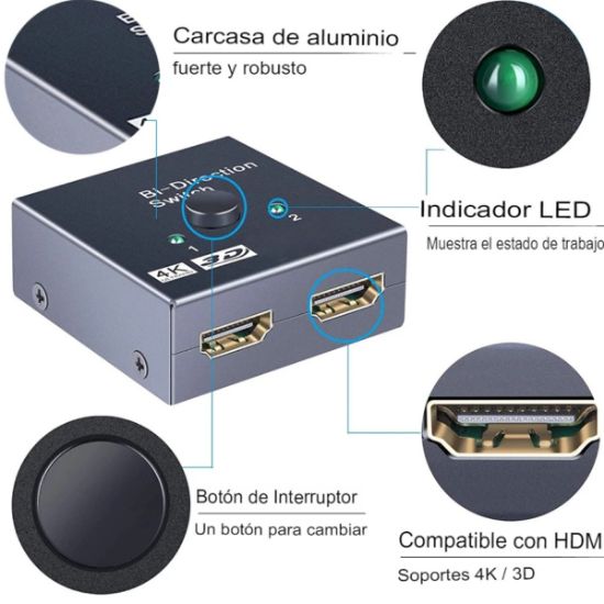 Imagen de Divisor Interruptor bidireccional HDMI 2,0 4K 1x2 2x1 adaptador 2 puertos duales Ultra HD 4K