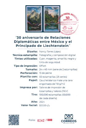 Imagen de Timbre postal: 30 Aniversario de Relaciones Diplomáticas México y el principado de Liechtenstein