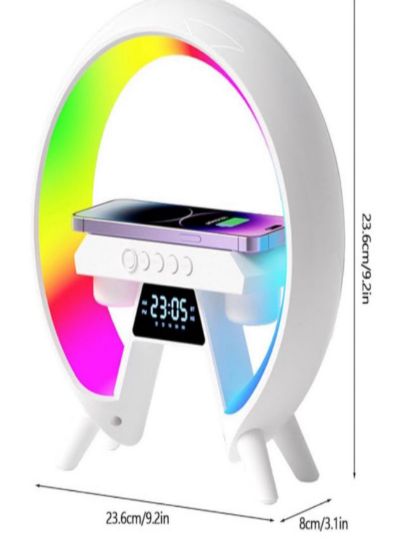 Imagen de Bocina Lampara RBG Luz Led reloj Decorativo Cargador en Forma de G inalámbrico 3 en 1 