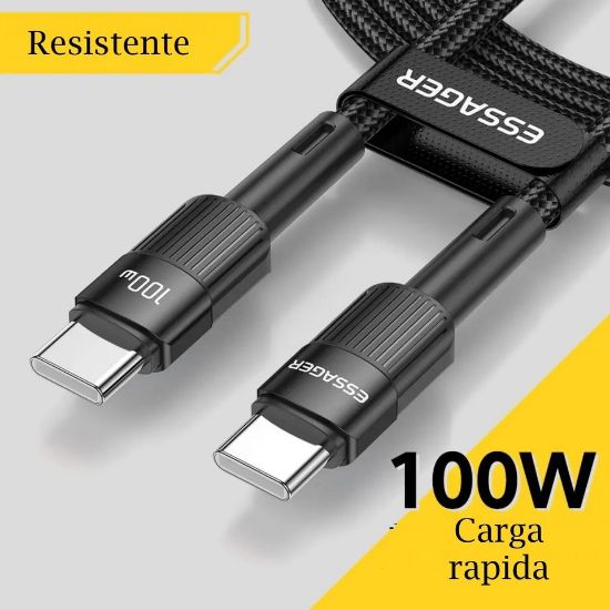 Imagen de Cable telefono carga rápida Mac Samsung Xiaomi tipo C a C resistente negro 100w 1m tela uso rudo
