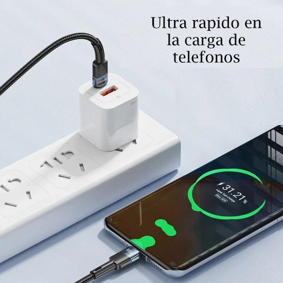 Imagen de Cable telefono carga rápida Mac Samsung Xiaomi tipo C a C resistente negro 100w 1m tela uso rudo