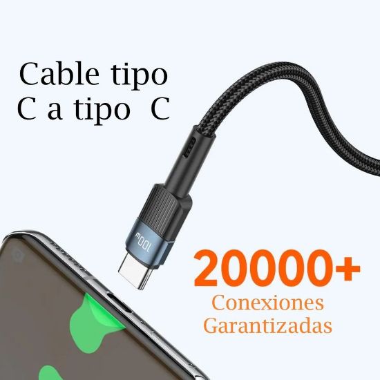 Imagen de Cable telefono carga rápida Mac Samsung Xiaomi tipo C a C resistente negro 100w 1m tela uso rudo